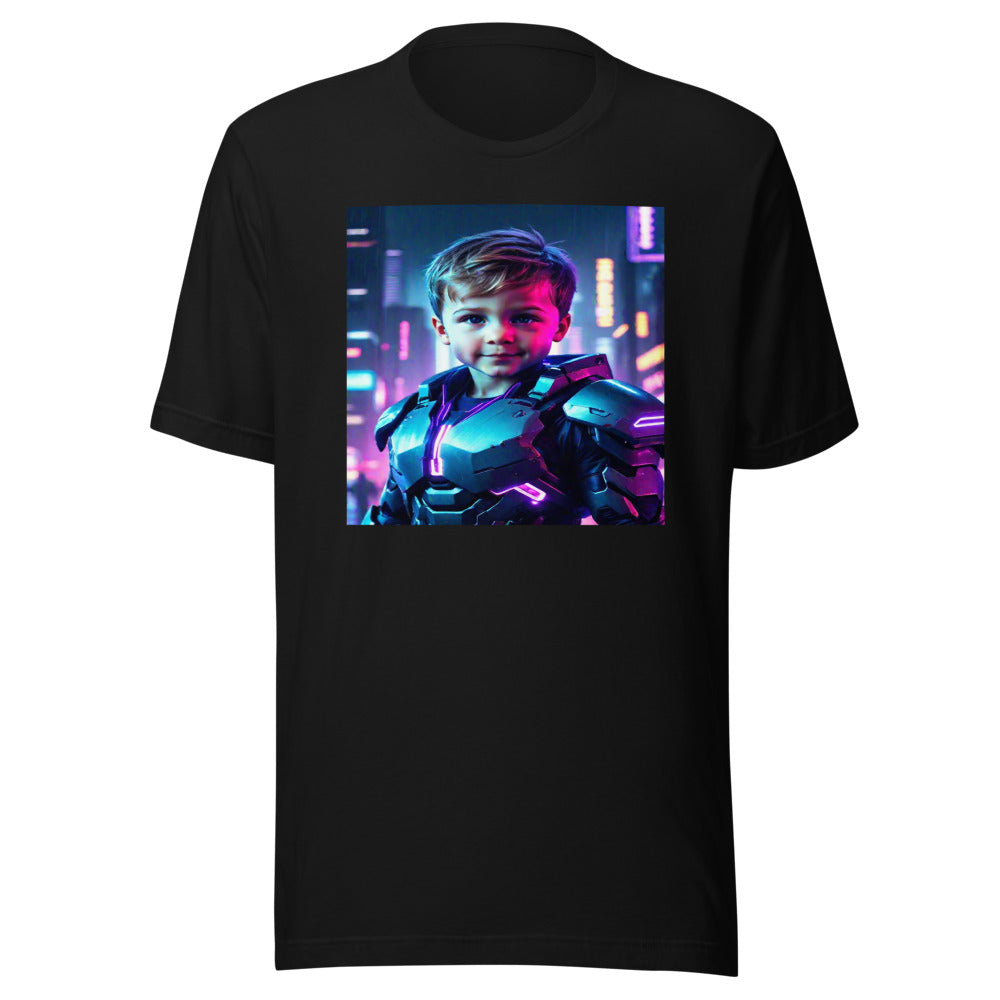 Futuristic warrior portrait on black tee