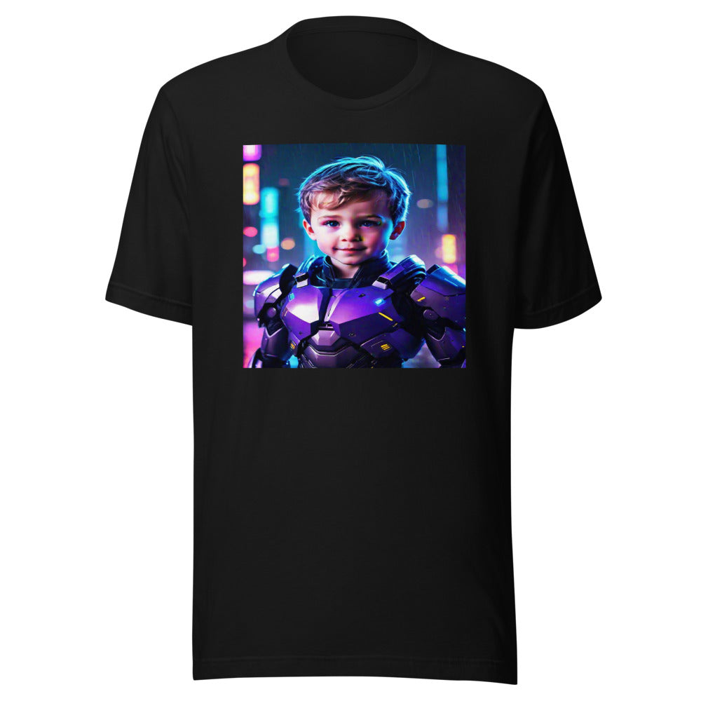 Futuristic warrior portrait on black youth tee
