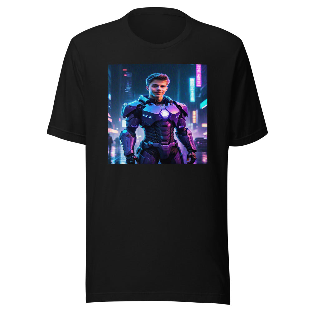 Futuristic warrior portrait on black youth tee
