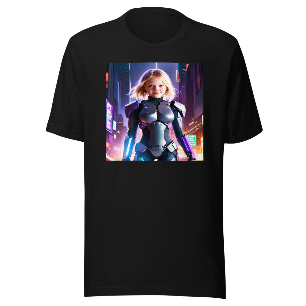 Futuristic warrior portrait on black tee