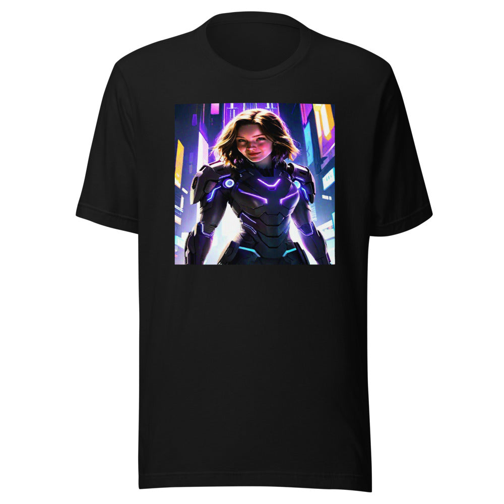 Futuristic warrior portrait on black tee