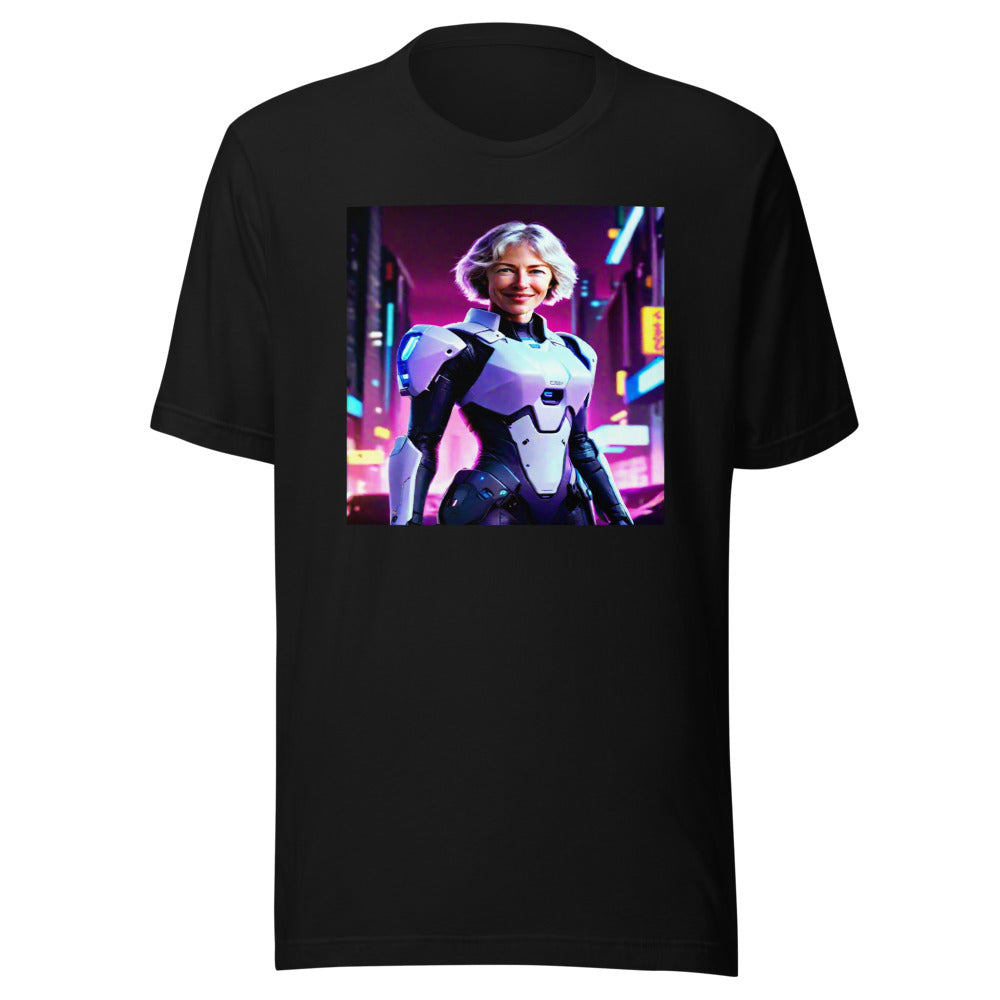 Futuristic warrior portrait on black tee